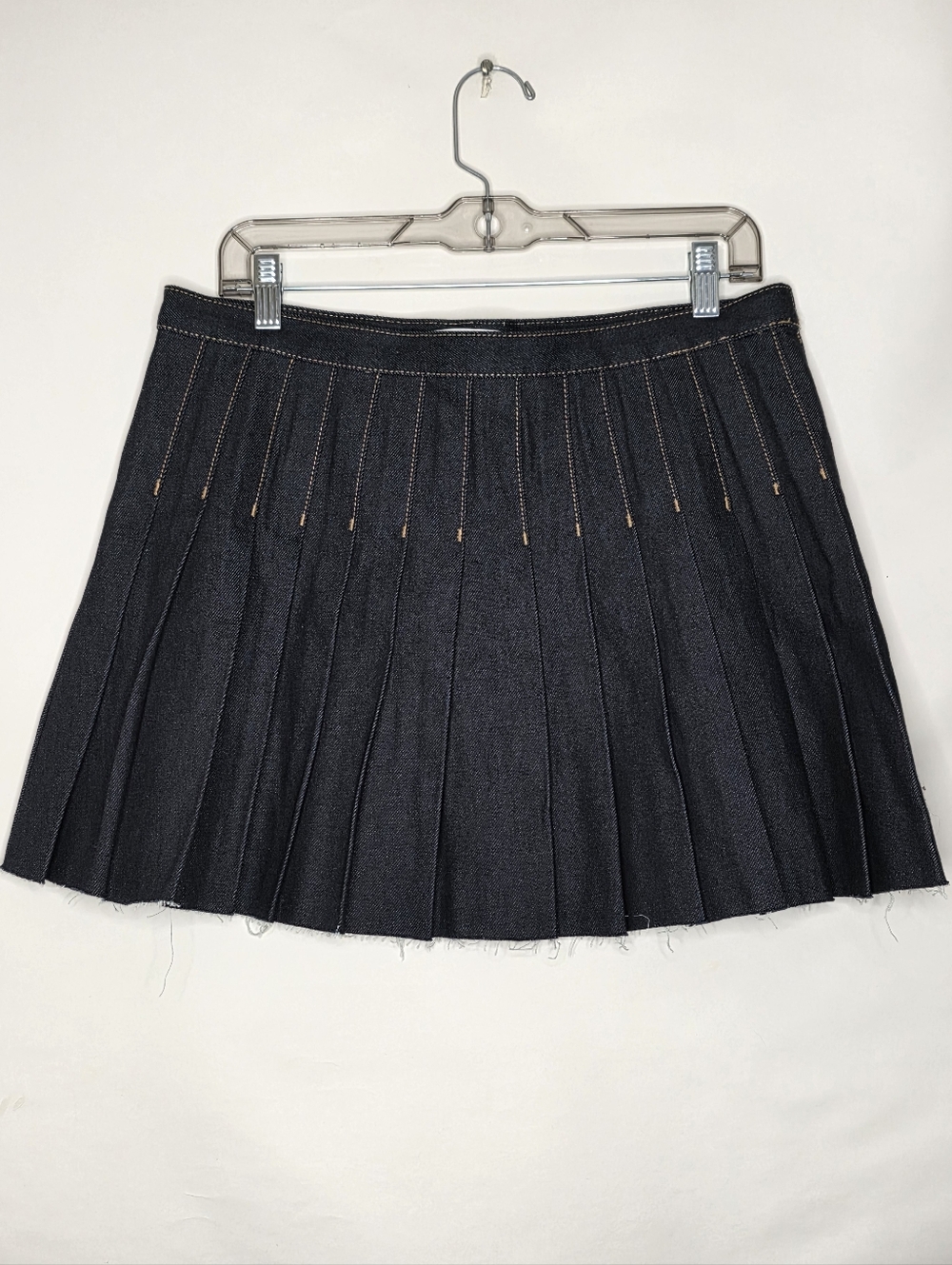 Topshop Pleated Mini Skirt Sz 10 Dark Wash Denim Raw Hem Preppy Academia Cotton